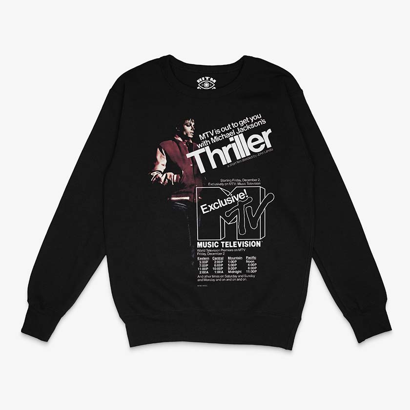 Poleron negro crewneck con diseño del afiche original del estreno de Thriller en MTV 1983 Michael Jackson con chaqueta roja Exclusivo Ritmoculto