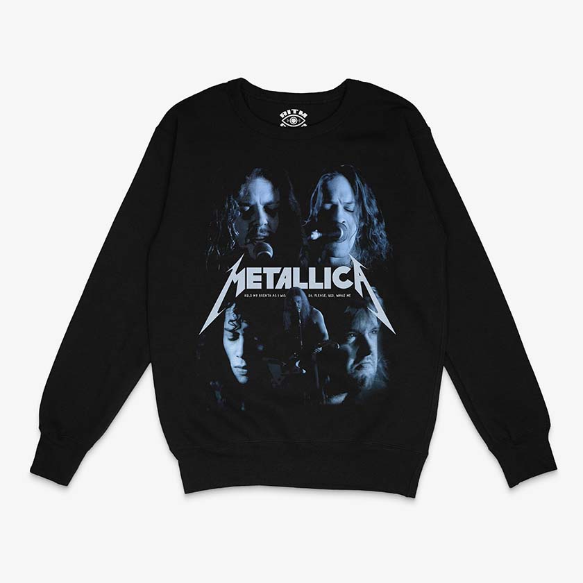 Polerón negro cuello redondo Metallica One videoclip cuatro integrantes tonos azulados logo blanco thrash metal 1988 Ritmoculto
