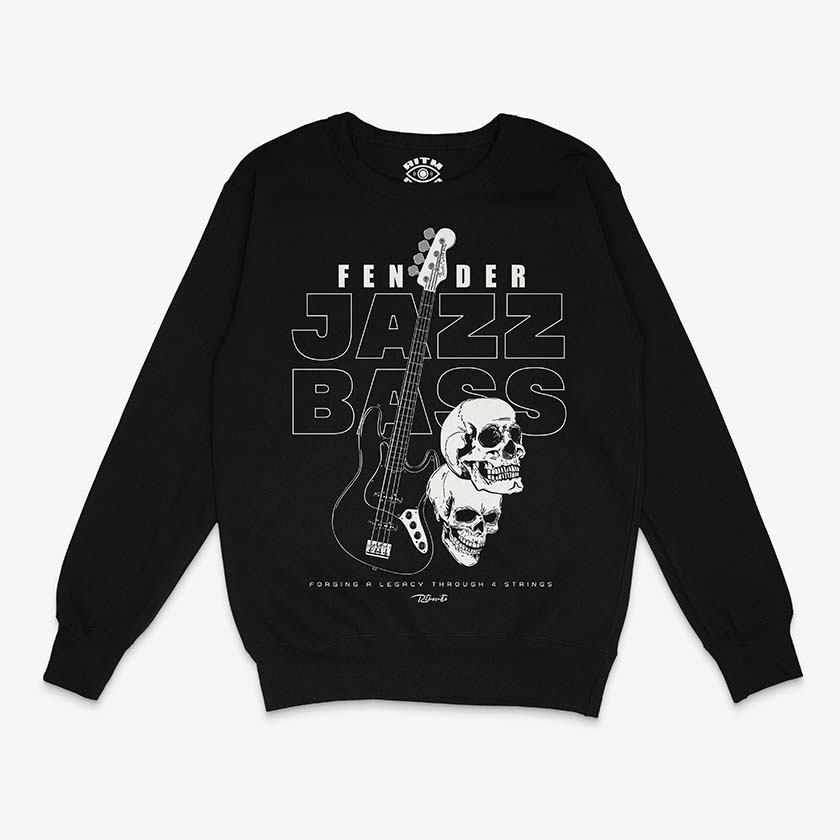 Polerón negro cuello redondo con diseño central de un bajo Fender Jazz Bass, dos cráneos y el texto "Fender Jazz Bass" y "Forging a Legacy Through 4 Strings"