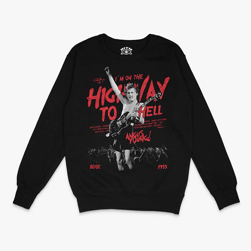 Polerón negro oversized Angus Young AC/DC uniforme escolar Gibson SG rock clásico hard rock Ritmoculto