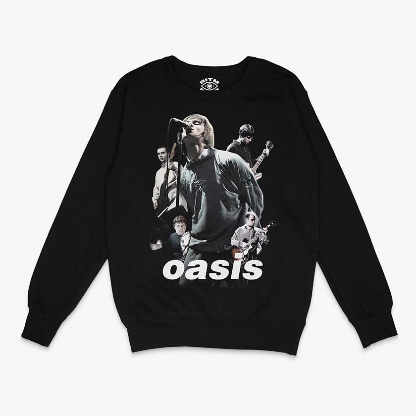 Polerón negro oversized Oasis formación icónica Liam Noel Gallagher britpop 90s Wonderwall Manchester Ritmoculto