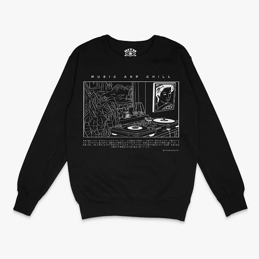 Polerón polo negro sin capucha, blanco, diseño "Music And Chill" con ambiente Lo-Fi japonés, incluyendo tocadiscos, vinilo, plantas y Monte Fuji