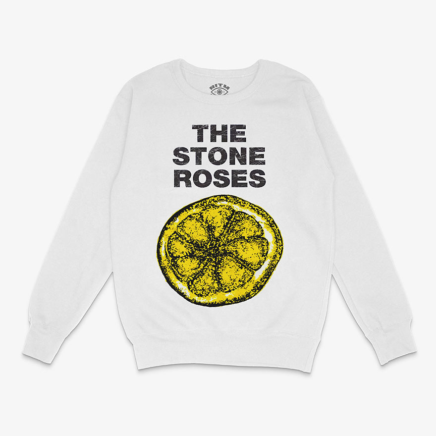 Poleron polo blanco cuello redondo con diseno frontal de The Stone Roses, limon iconico y nombre de la banda