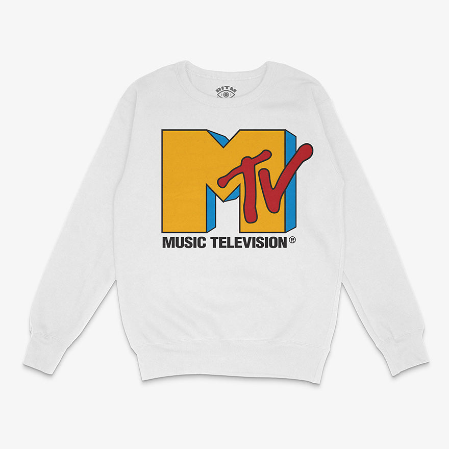 Polerón polo blanco logo MTV clásico amarillo rojo Music Television 3D retro Ritmoculto