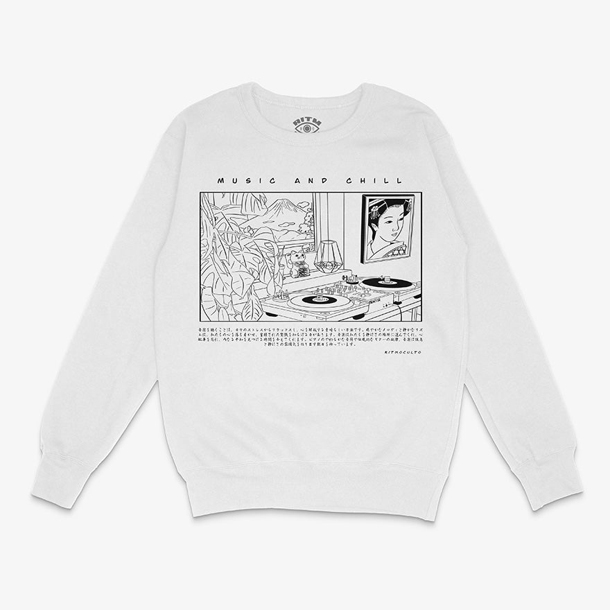 Polerón blanco polo sin capucha, blanco, diseño "Music And Chill" con ambiente Lo-Fi japonés, incluyendo tocadiscos, vinilo, plantas y Monte Fuji