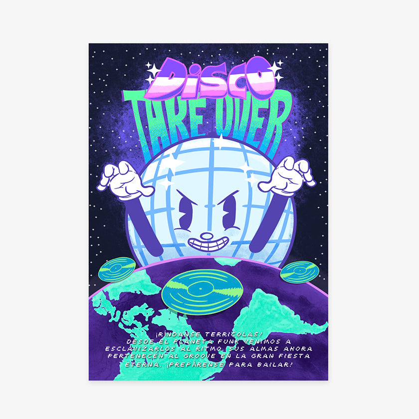 Póster vertical con diseño de un planeta Tierra con cara de personaje de dibujos animados, baquetas, vinilos y texto "Disco Take Over". Fondo espacial con estrellas y colores violeta y azu