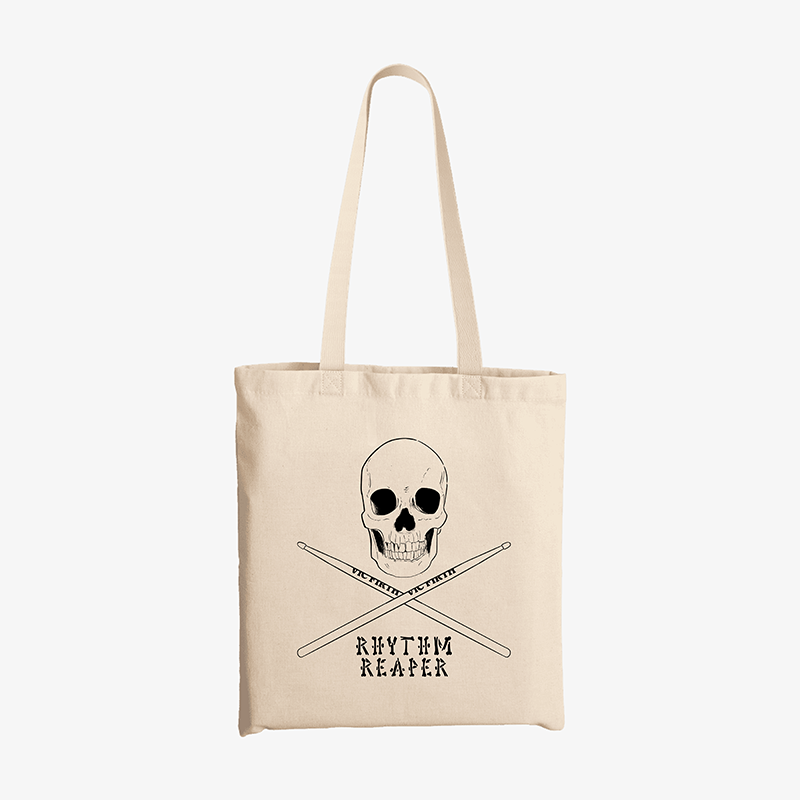 Tote bag color crudo con diseno de calavera y baquetas para bateristas