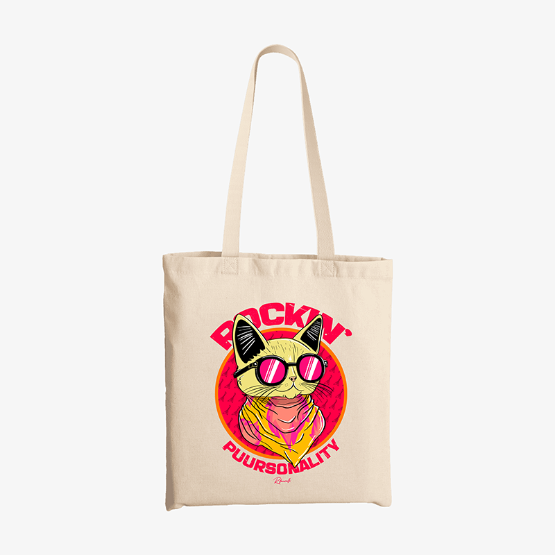 Tote bag color crudo con diseño de gato rockero con lentes