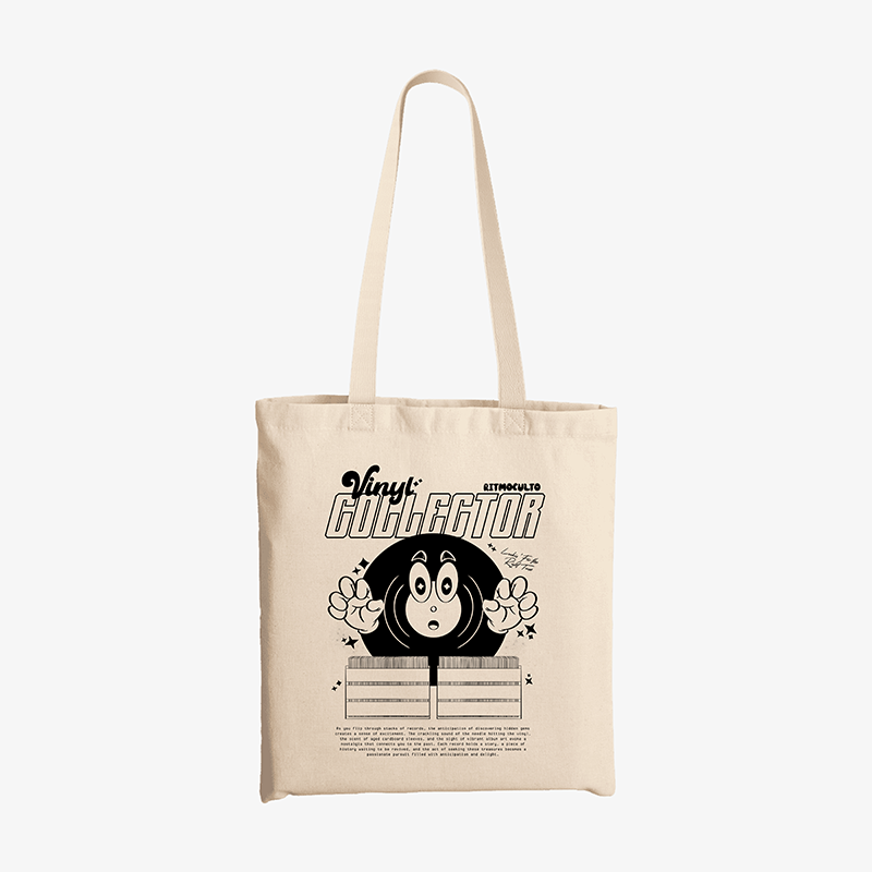 Tote bag lona cruda Vinyl Collector vinilo cartoon emocionado buscando discos en cajones feria vinilos aesthetic retro coleccionista record digging Ritmoculto