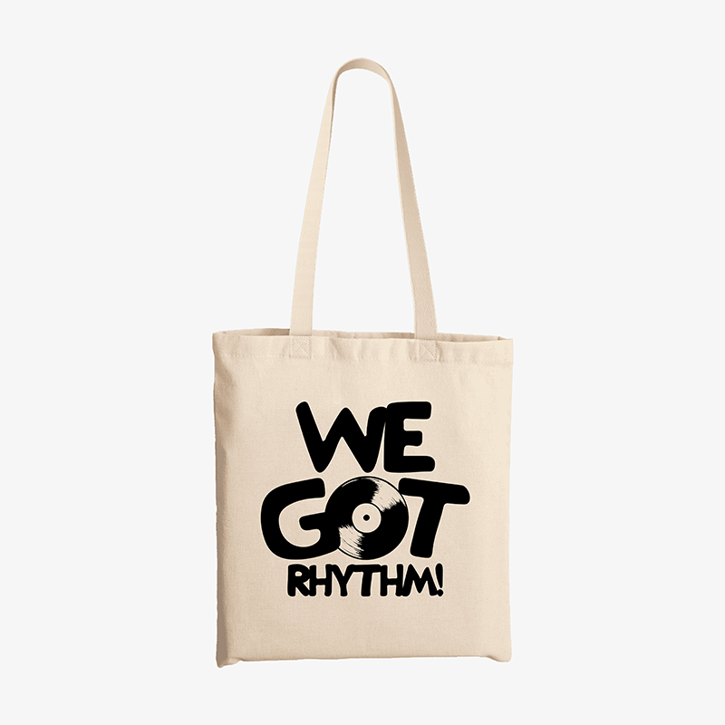 Tote bag lona cruda We Got Rhythm vinilo disco coleccionista diseño minimalista negro Ritmoculto