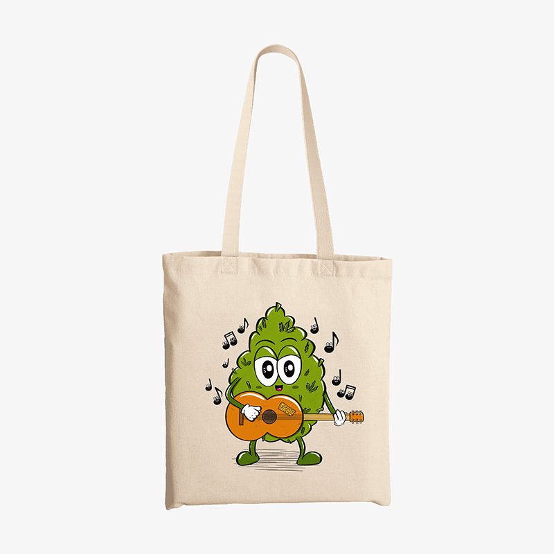 Tote bag lona cruda cogollin guitarrista tocando guitarra acústica diseño original weed y música Ritmoculto