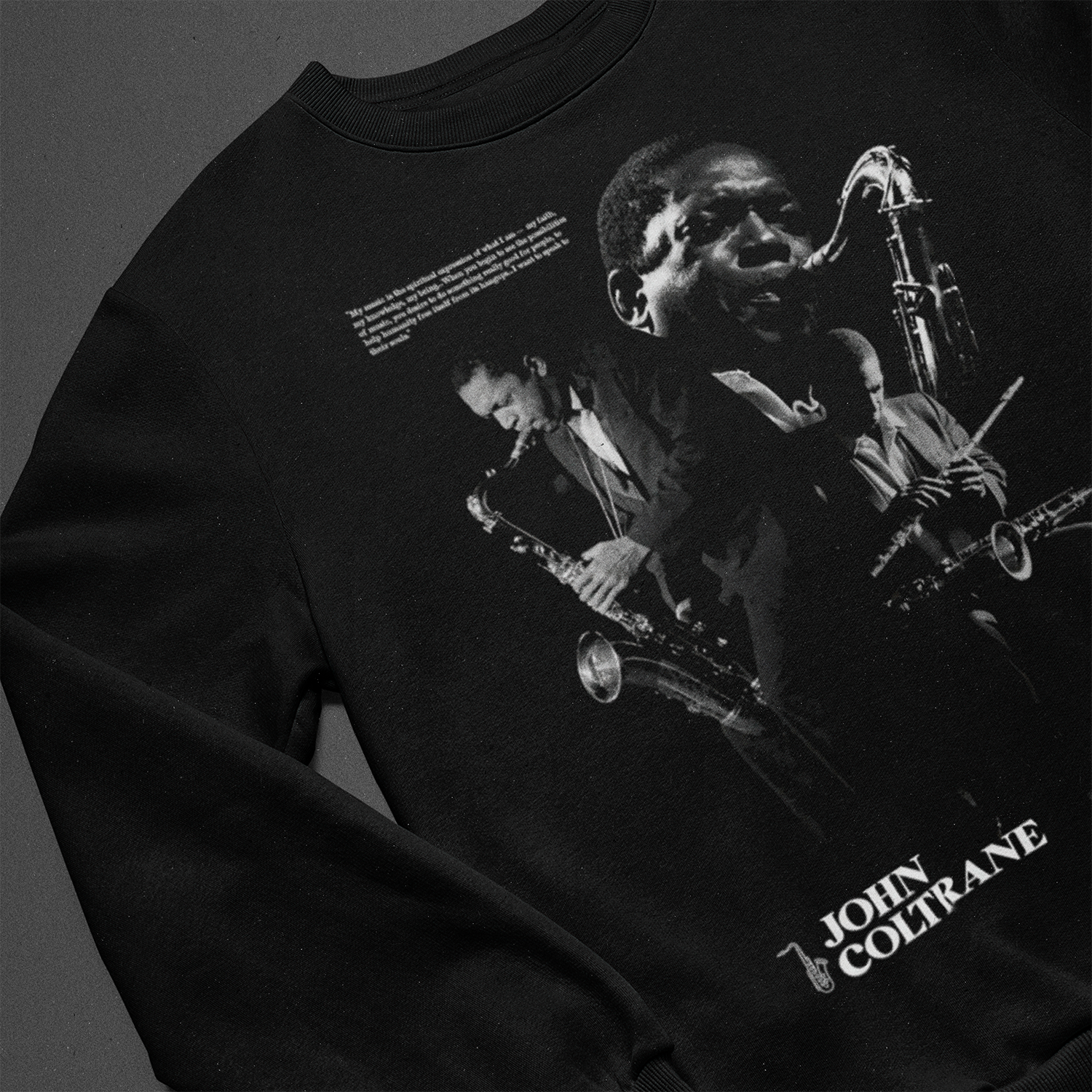 closeup poleron polo negro de john coltrane exclusivo de ritmoculto