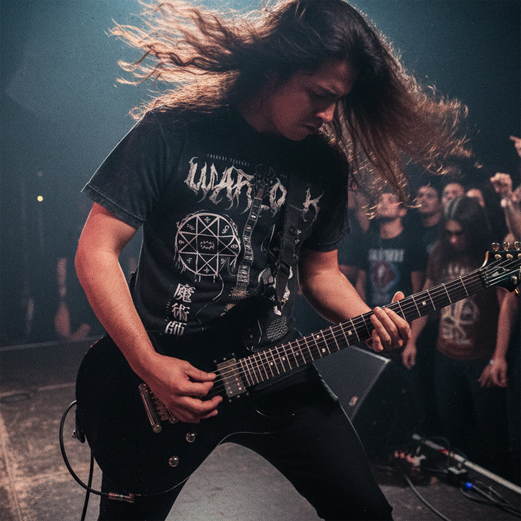 guitarrista en tocata con polera Warlock BC Rich de Ritmoculto Exclusiva