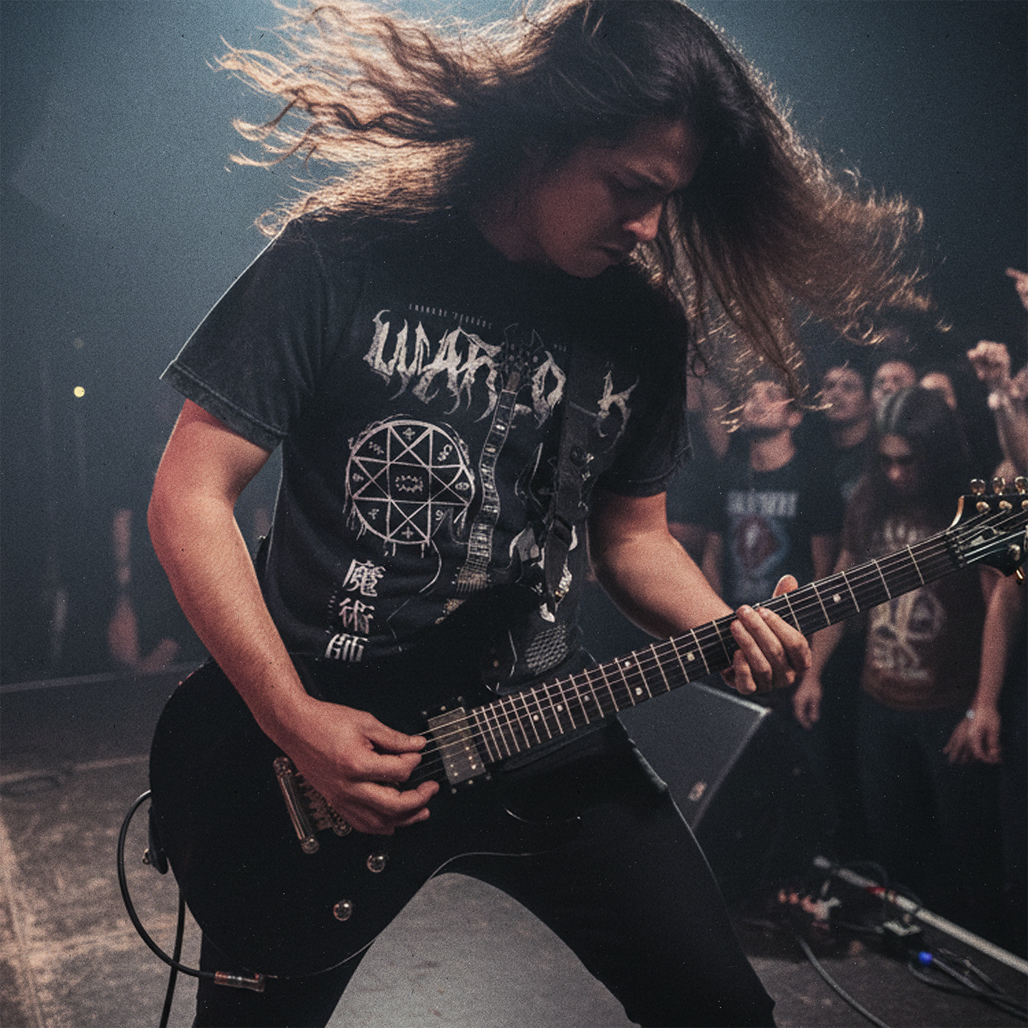 guitarrista en tocata con polera Warlock BC Rich de Ritmoculto Exclusiva