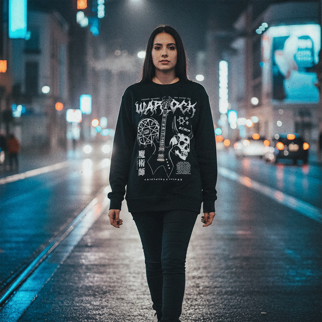 mujer caminando por la calle con poleron de Guitarra Warlock BC Rich Exclusivo Ritmoculto