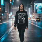 mujer caminando por la calle con poleron de Guitarra Warlock BC Rich Exclusivo Ritmoculto